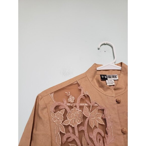 Together! Womens 4 Asian Blouse Linen Blend Tan Open Work Mandarin Knot Floral - Picture 4 of 6
